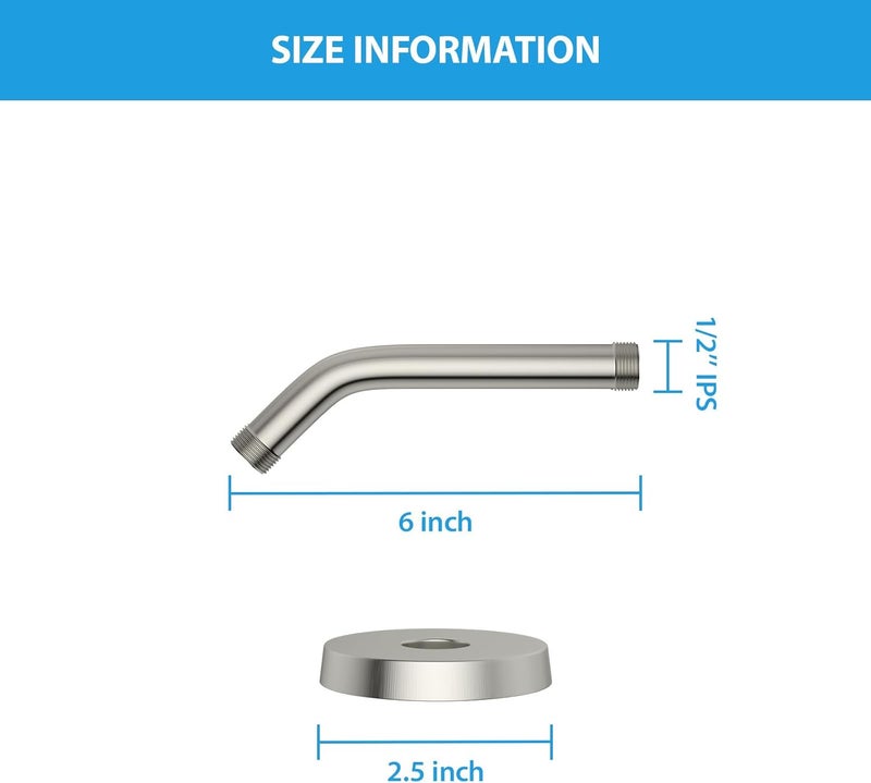 Lordear Shower Arm with Flange - 6 Inch Wall Mounted Angle Replacement Shower Arm Brushed Nickel 304 Stainless Steel Shower Head Arms - Image 4